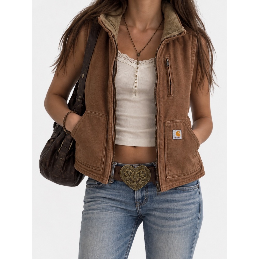 Carhartt Sandstone Duck Fleece Lined Vest Brown 100% Cotton Med